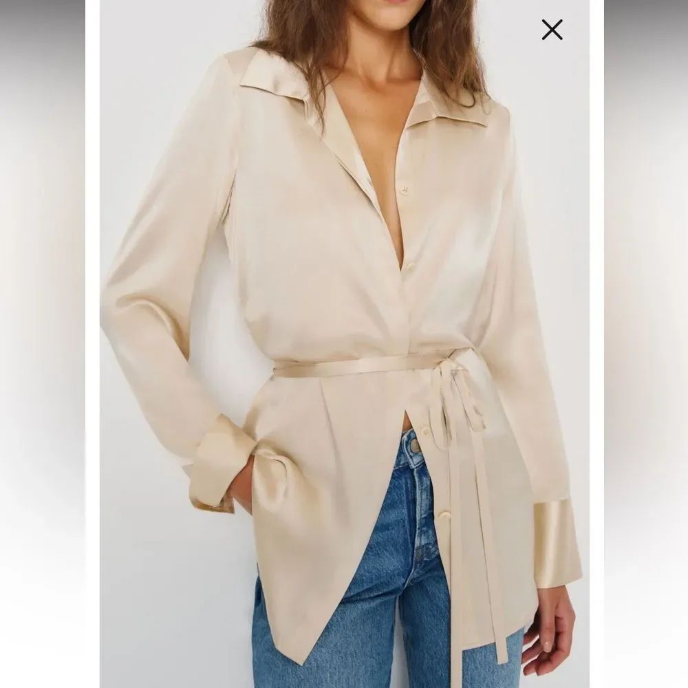 new Reformation Camilla silk belted blouse in almond - Picture 5 of 8